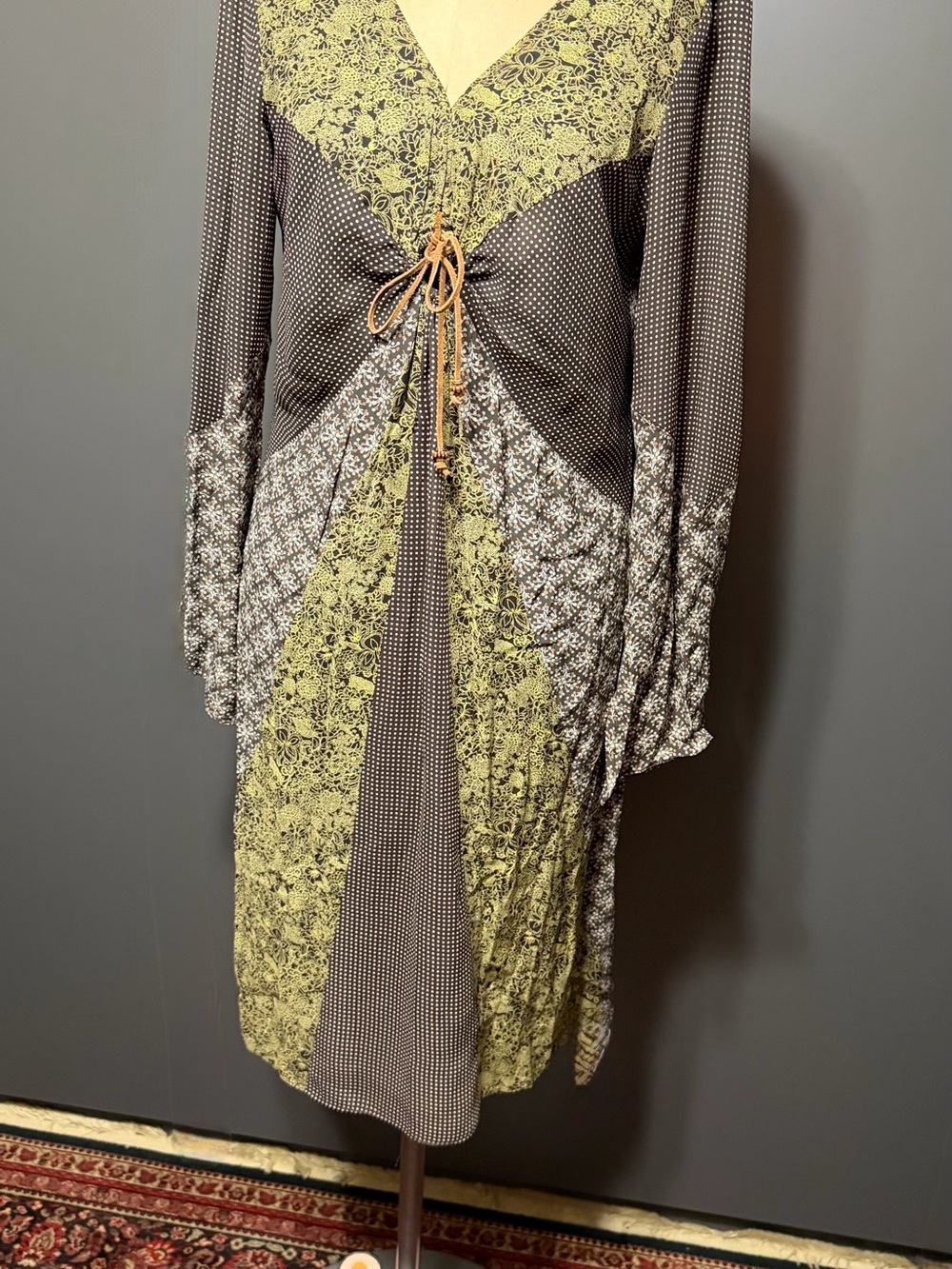 ABS Allen Schwartz Brown and Chartreuse Mixed-Print Dress